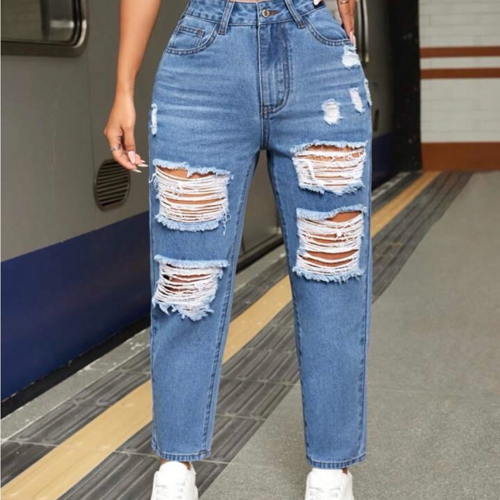 SHEIN High Rise Ripped Blue Jeans
